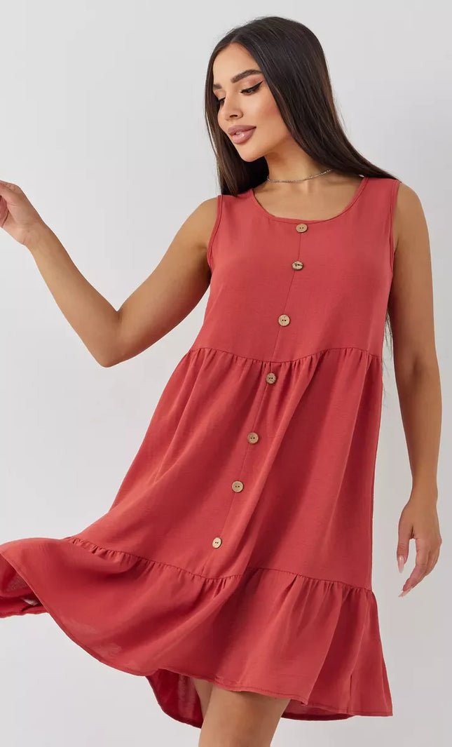 Robe Rouge Boutonnée Volants Sans Manches Col V - rouge bohème femme été 2026 KOELEX