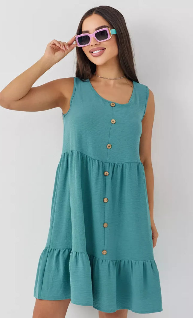 Robe Vert Boutonnée Volants Sans Manches Col V - vert bohème femme été 2026 KOELEX