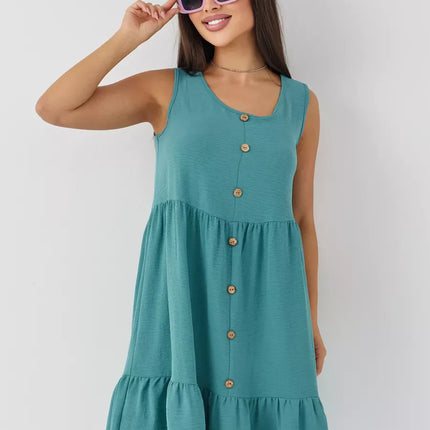 Robe Vert Boutonnée Volants Sans Manches Col V - vert bohème femme été 2026 KOELEX