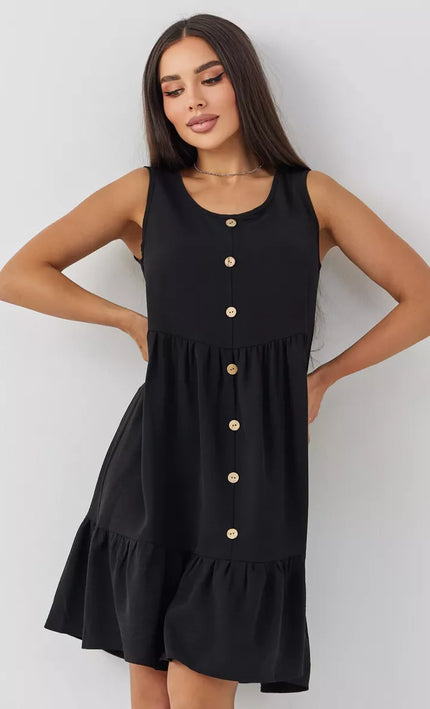 Robe Noir Boutonnee Volants Sans Manches Col V - Noir