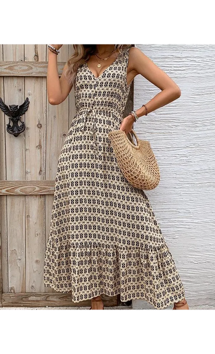 Robe Midi Trapèze Imprimé Géométrique Col V Taille Haute | Style Bohème Femme | KOELEX