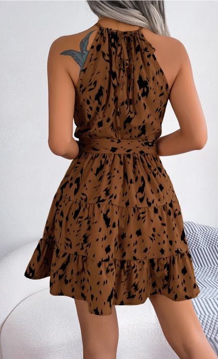 Mini Robe Volants Imprimé Léopard Col Licou - Camel bohème femme été festival soirée KOELEX