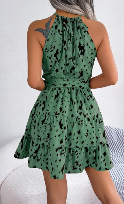 Mini Robe Volants Imprimé Léopard Col Licou - Vert bohème femme été festival soirée KOELEX