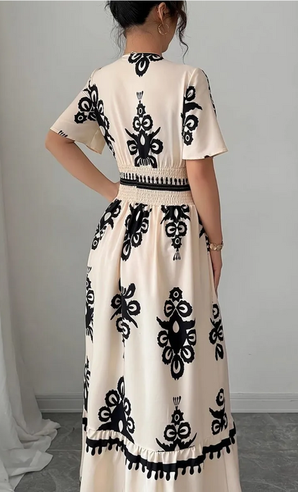 Robe longue col V imprimé baroque vintage smockée manches courtes beige noir bohème femme KOELEX