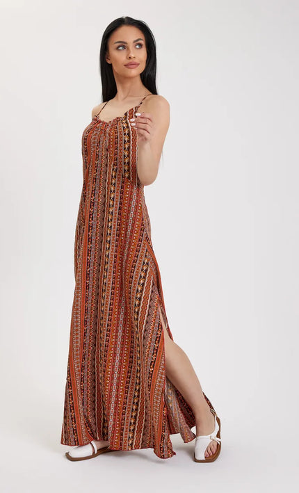 Robe Longue Boheme Imprime Abstrait Col V Bretelles - Terracotta | Style Bohème Femme | KOELEX