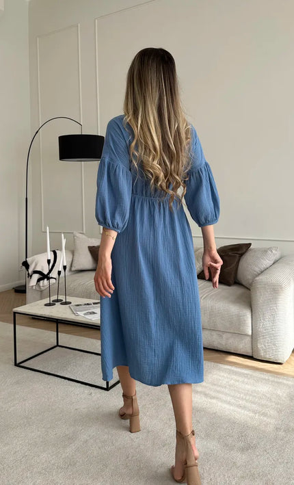 Robe midi col V lacets gaufrée crème bohème femme été casual Lumière Bohème
