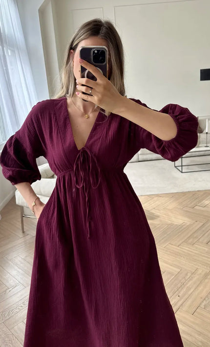 Robe Midi Gaze de Coton Col V Lacet Manches Bouffantes Fluide - Bordeaux