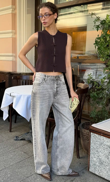 Gilet tricoté nœuds décoratifs sans manches bordeaux bohème femme casual chic
