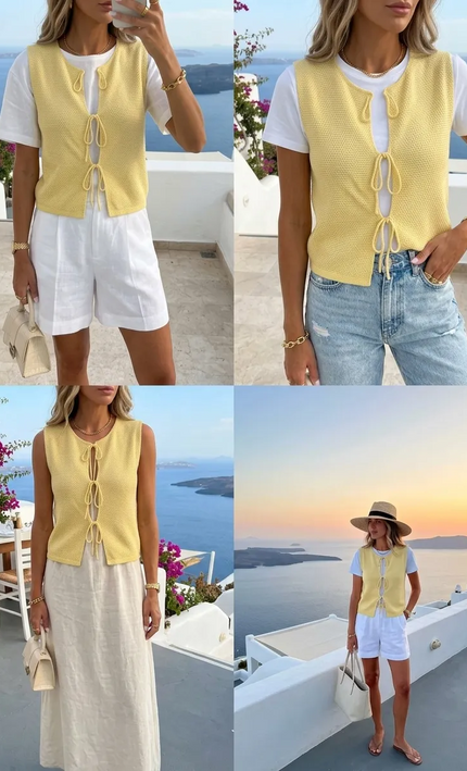 Top crochet lacets nœuds sans manches jaune bohème femme vacances été Lumière Bohème