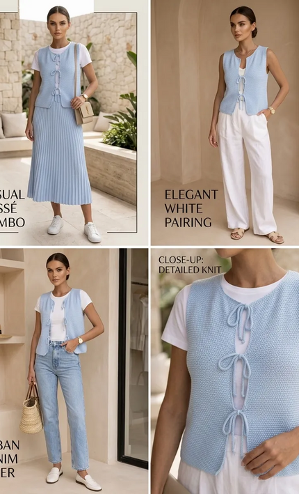 Top crochet lacets nœuds sans manches Bleu bohème femme vacances été Lumière Bohème