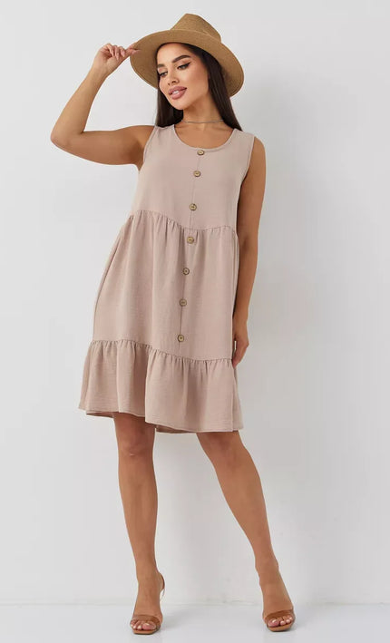Robe nude Boutonnée Volants Sans Manches Col V - nude bohème femme été 2026 KOELEX