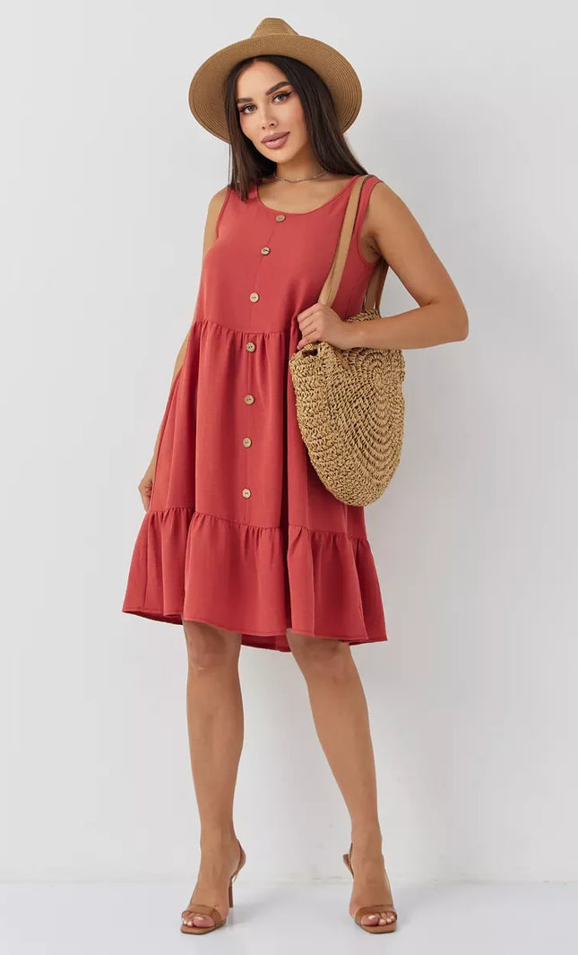 Robe Rouge Boutonnée Volants Sans Manches Col V - rouge bohème femme été 2026 KOELEX