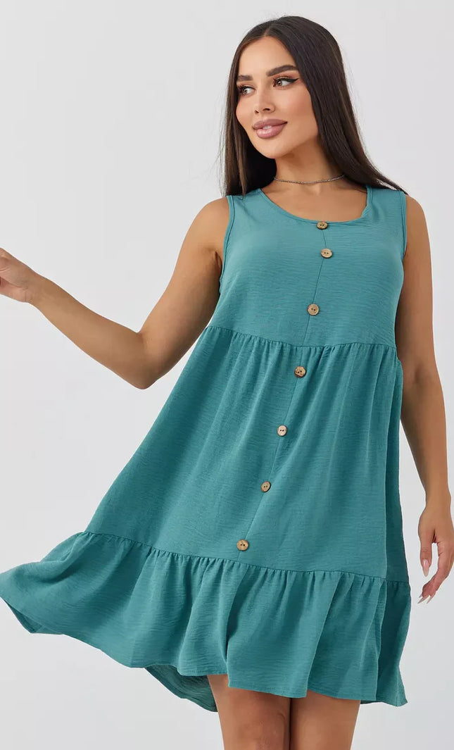 Robe Vert Boutonnée Volants Sans Manches Col V - vert bohème femme été 2026 KOELEX