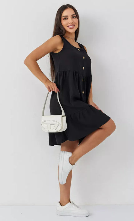 Robe Noir Boutonnee Volants Sans Manches Col V - Noir