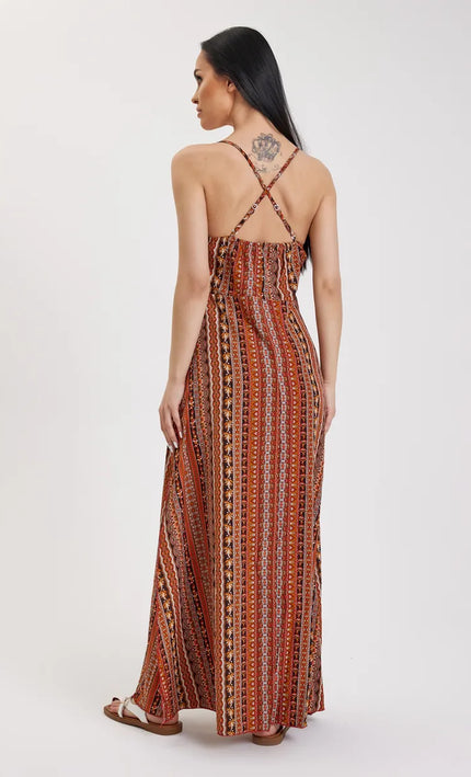 Robe Longue Boheme Imprime Abstrait Col V Bretelles - Terracotta | Style Bohème Femme | KOELEX