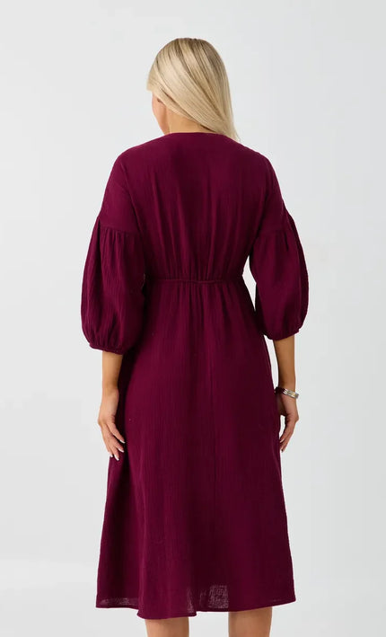 Robe Midi Gaze de Coton Col V Lacet Manches Bouffantes Fluide - Bordeaux