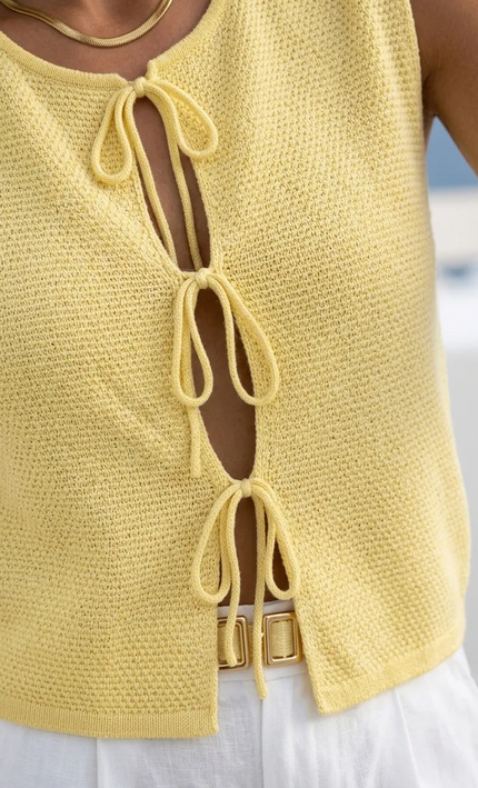 Top crochet lacets nœuds sans manches jaune bohème femme vacances été Lumière Bohème
