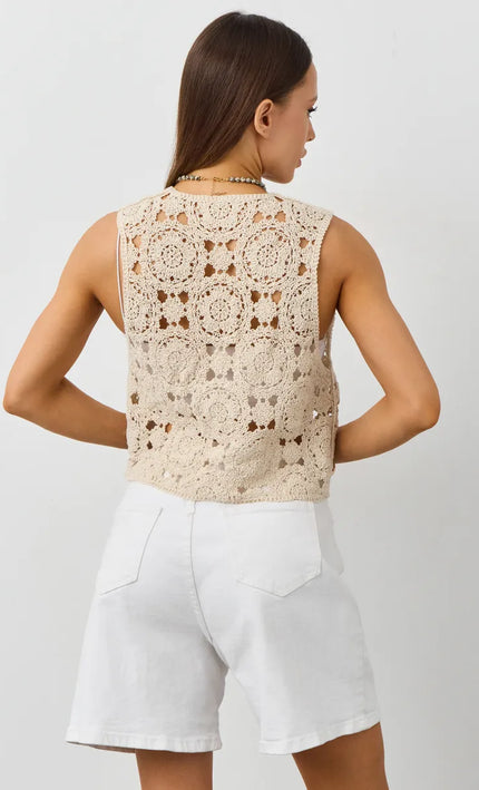 Gilet crochet ajouré floral lacet central beige bohème femme plage festival été Lumière Bohème