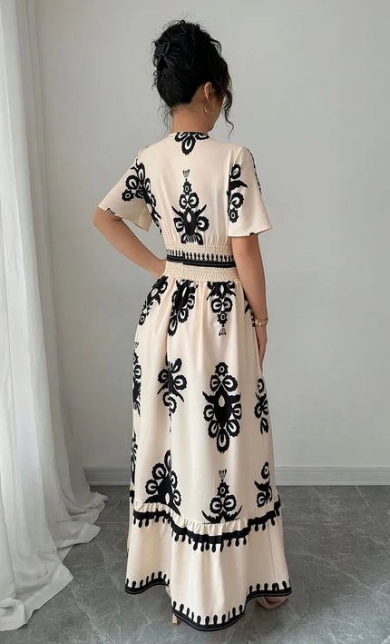Robe longue col V imprimé baroque vintage smockée manches courtes beige noir bohème femme KOELEX