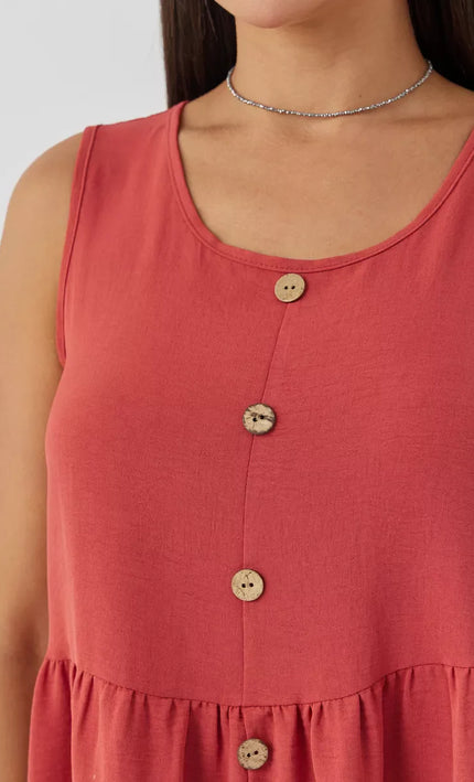 Robe Rouge Boutonnée Volants Sans Manches Col V - rouge bohème femme été 2026 KOELEX