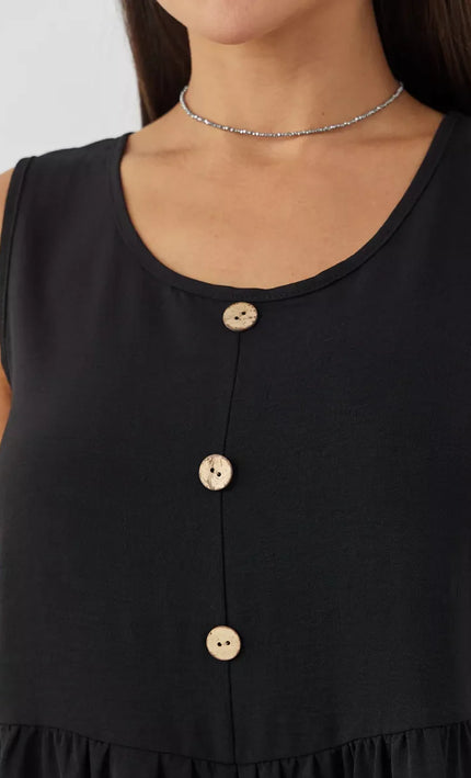 Robe Noir Boutonnee Volants Sans Manches Col V - Noir