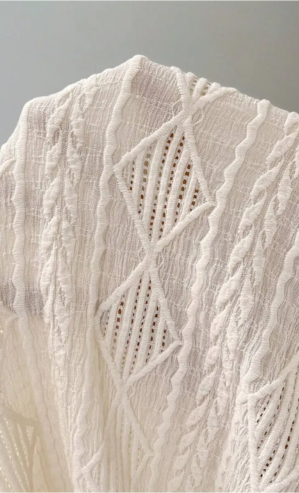 Kimono long aztèque manches larges Blanc Ivoire bohème femme plage festival KOELEX