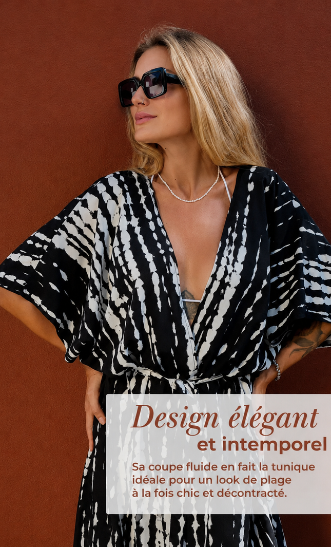 Kimono long tunika oversize tie-dye viscose ceinture noir blanc bohème femme plage KOELEX