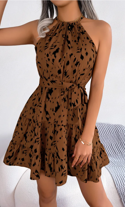Mini Robe Volants Imprimé Léopard Col Licou - Camel bohème femme été festival soirée KOELEX