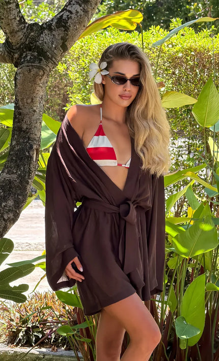 Kimono Court Lin Froissé Manches Larges Ceinture Nouée - Chocolat-Écru