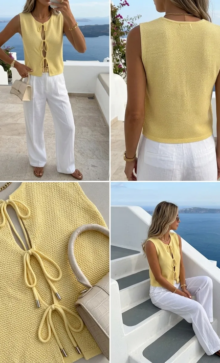 Top crochet lacets nœuds sans manches jaune bohème femme vacances été Lumière Bohème