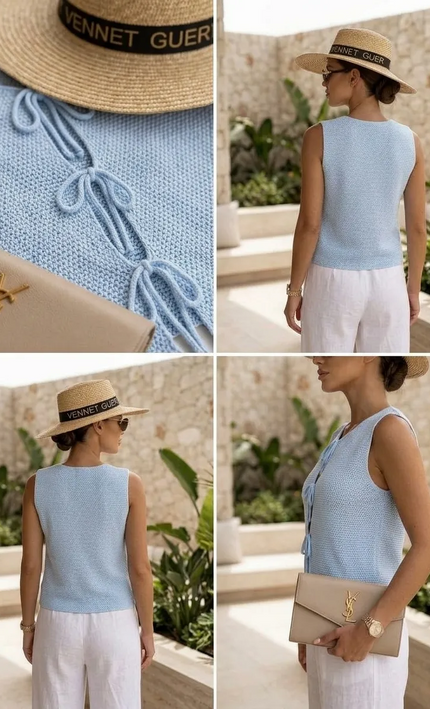 Top crochet lacets nœuds sans manches Bleu bohème femme vacances été Lumière Bohème