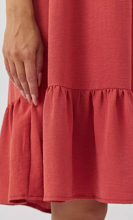 Robe Rouge Boutonnée Volants Sans Manches Col V - rouge bohème femme été 2026 KOELEX