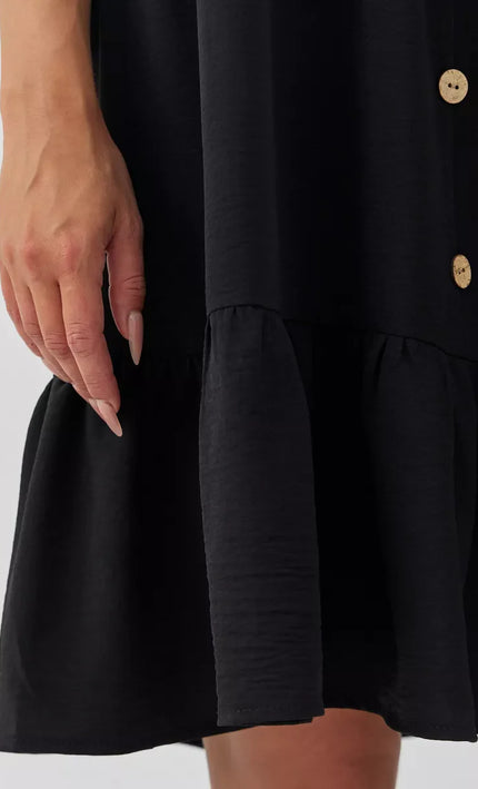 Robe Noir Boutonnee Volants Sans Manches Col V - Noir