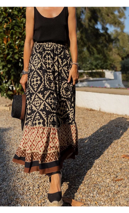 Jupe Midi Boheme Imprime Ethnique Taille Elastique | Style Bohème Femme | KOELEX
