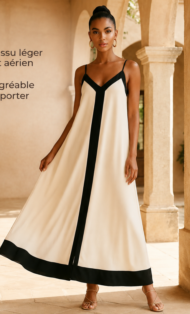 Robe maxi bretelles fines col V fluide bordures contrastées crème noir bohème femme plage KOELEX