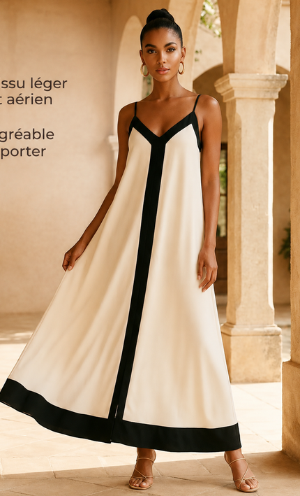 Robe maxi bretelles fines col V fluide bordures contrastées crème noir bohème femme plage KOELEX