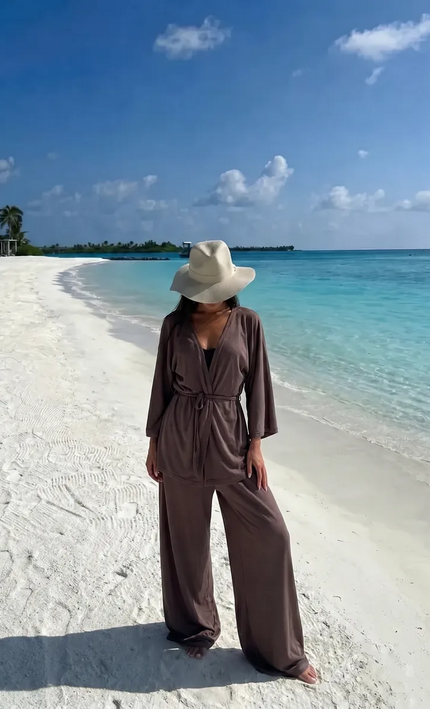 Ensemble 3 en 1 kimono pantalon large texturé brillant ceinture blanc bohème femme maison plage koelex 