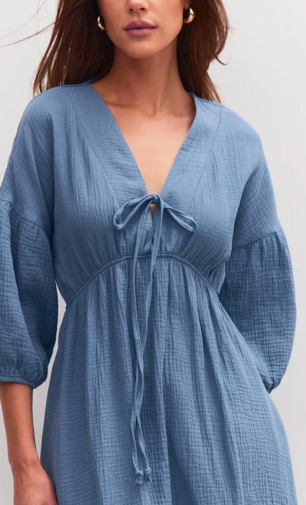 Robe midi col V lacets gaufrée crème bohème femme été casual Lumière Bohème