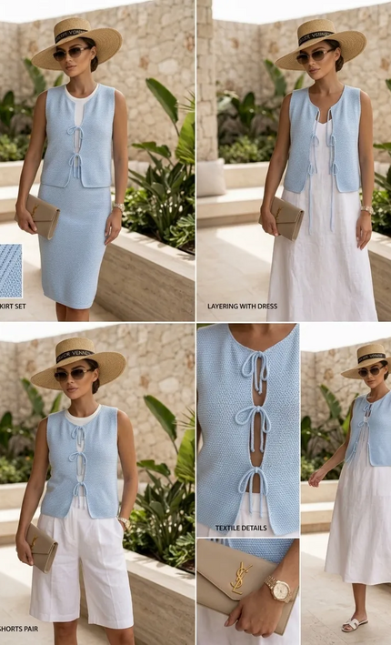 Top crochet lacets nœuds sans manches Bleu bohème femme vacances été Lumière Bohème