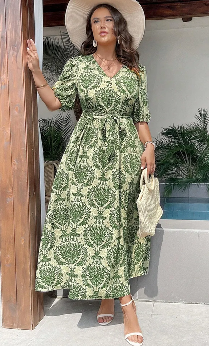 Robe Midi Col Licou Imprimé Baroque Damassé | Style Bohème Femme | KOELEX