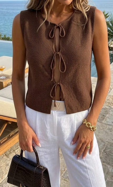 Top Crochet Lacets Nœuds Sans Manches - Marron