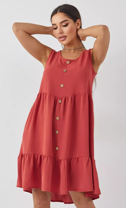 Robe Rouge Boutonnée Volants Sans Manches Col V - rouge bohème femme été 2026 KOELEX