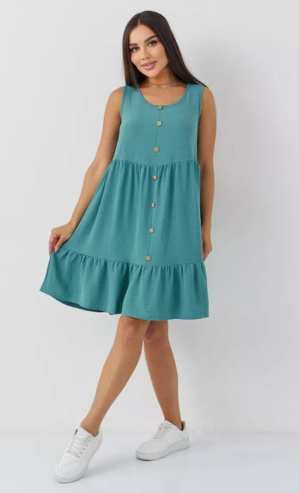Robe Vert Boutonnée Volants Sans Manches Col V - vert bohème femme été 2026 KOELEX