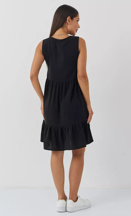 Robe Noir Boutonnee Volants Sans Manches Col V - Noir