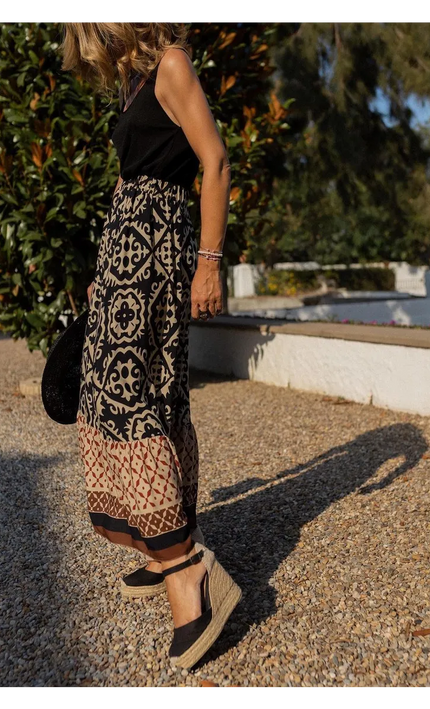 Jupe Midi Boheme Imprime Ethnique Taille Elastique | Style Bohème Femme | KOELEX