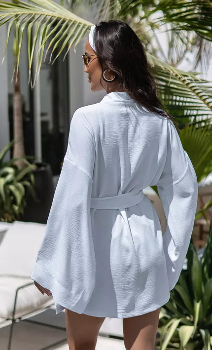 Kimono court blanc texturé gaufré manches larges ceinture bohème chic femme maison plage KOELEX