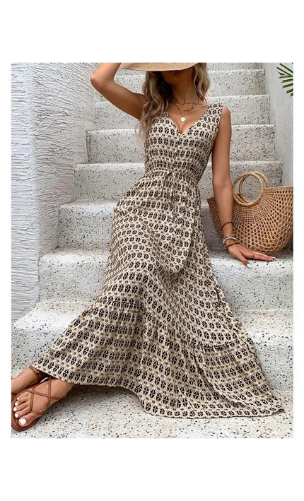Robe Midi Trapèze Imprimé Géométrique Col V Taille Haute | Style Bohème Femme | KOELEX