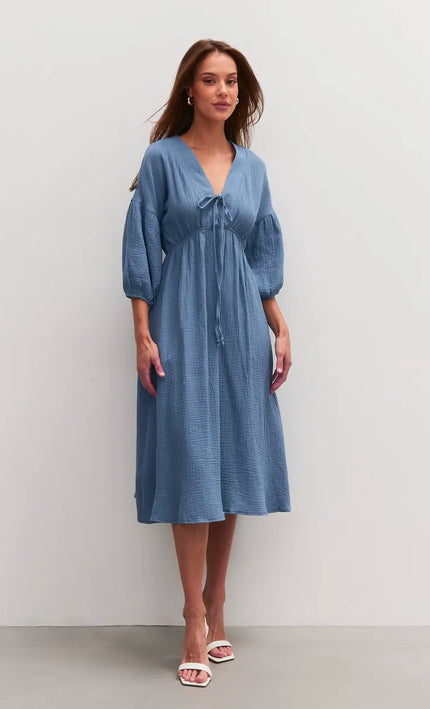Robe midi col V lacets gaufrée crème bohème femme été casual Lumière Bohème
