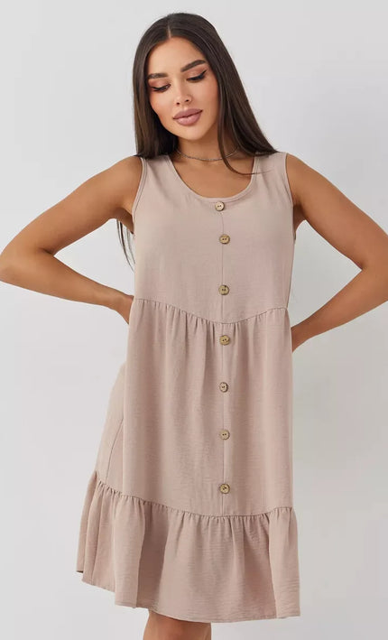 Robe nude Boutonnée Volants Sans Manches Col V - nude bohème femme été 2026 KOELEX