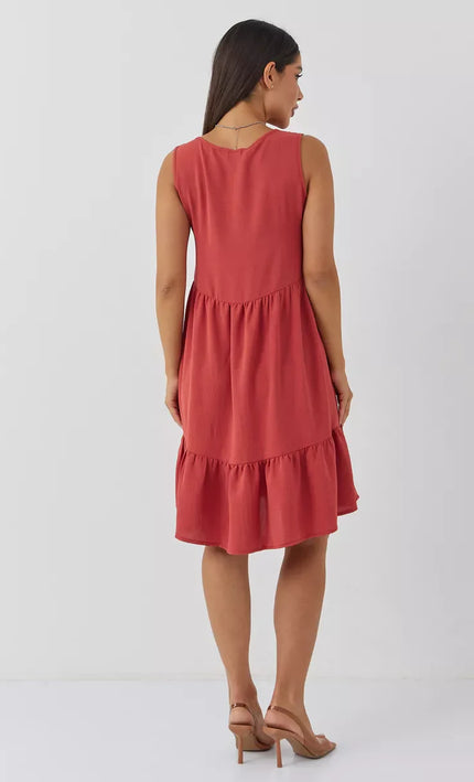 Robe Rouge Boutonnée Volants Sans Manches Col V - rouge bohème femme été 2026 KOELEX
